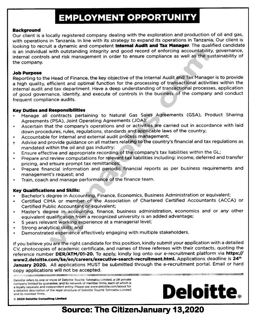 Internal audit and tax manager job at deloitte newjobs tanzania